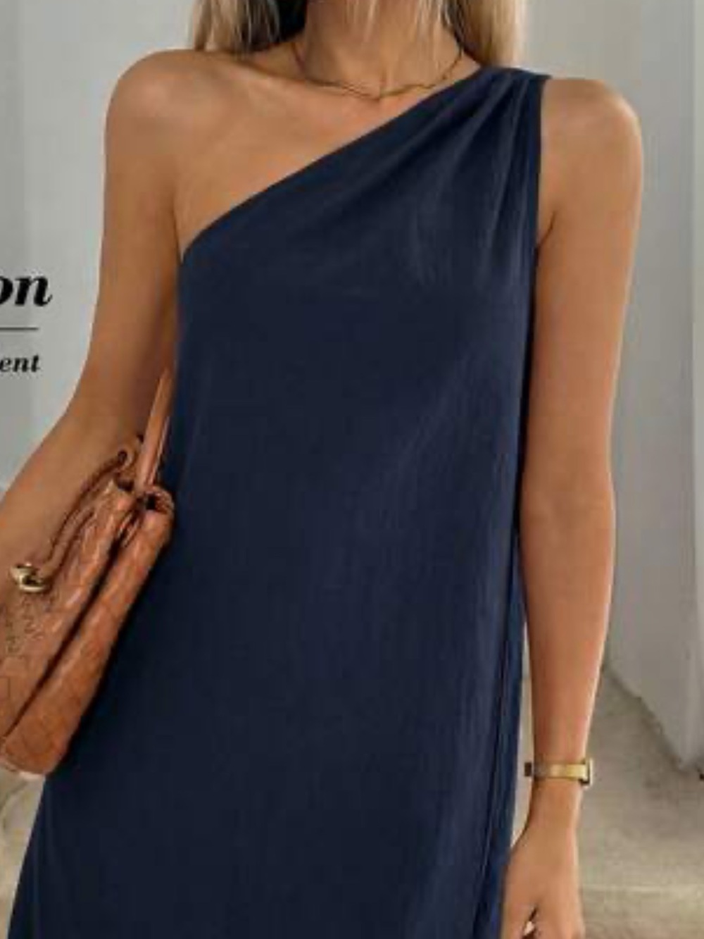 Indy K Flowy Minimalist One-Shoulder Navy Blue Shift Dress size S/M